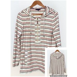Tommy Hilfiger Red White & Blue Striped 1/4 Zip Hoodie Pockets Cotton Large